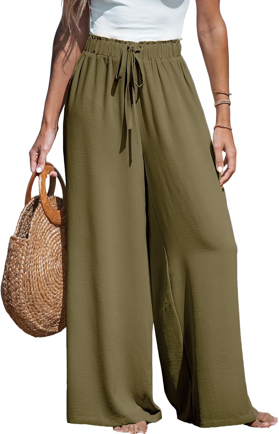 CUPSHE Palazzo Pants for Women Smocked Waist Boho Western Flowy Wide Leg Pant