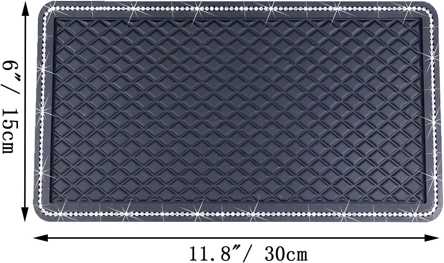 Anti-Slip Car Dash Grip Pad, 11.5 x 6 inch, Black | Handmade Crystal Rhinestone Mat, For Cell Phone & Navigation, Holds Keychains & Sun Glasses, Stand Function