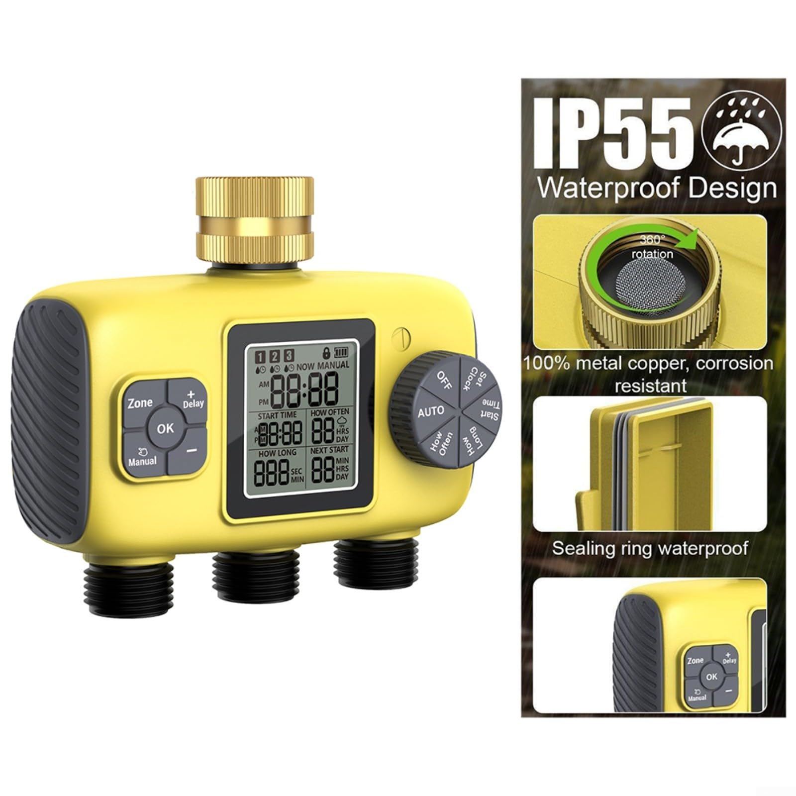 Timer per irrigazione a 3 uscite con ingresso in ottone, sistema di irrigazione automatico per giardino, 3 per programmi ZONE, blocco bambini, giallo