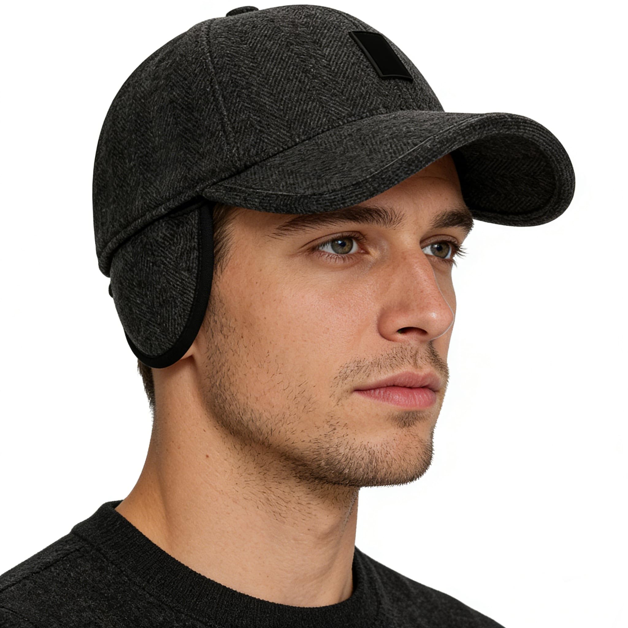 Hksichengkejiuk Men's Black Winter Warm Wool Baseball Cap With Ear Flaps Outdoor Windproof Peaked Beanie Hat With Earflap Ear Warmer Foldable Earmuffs Trooper Trapper Hat Thick Sport Ski Cap Visor For Skiing Cycling Hiking