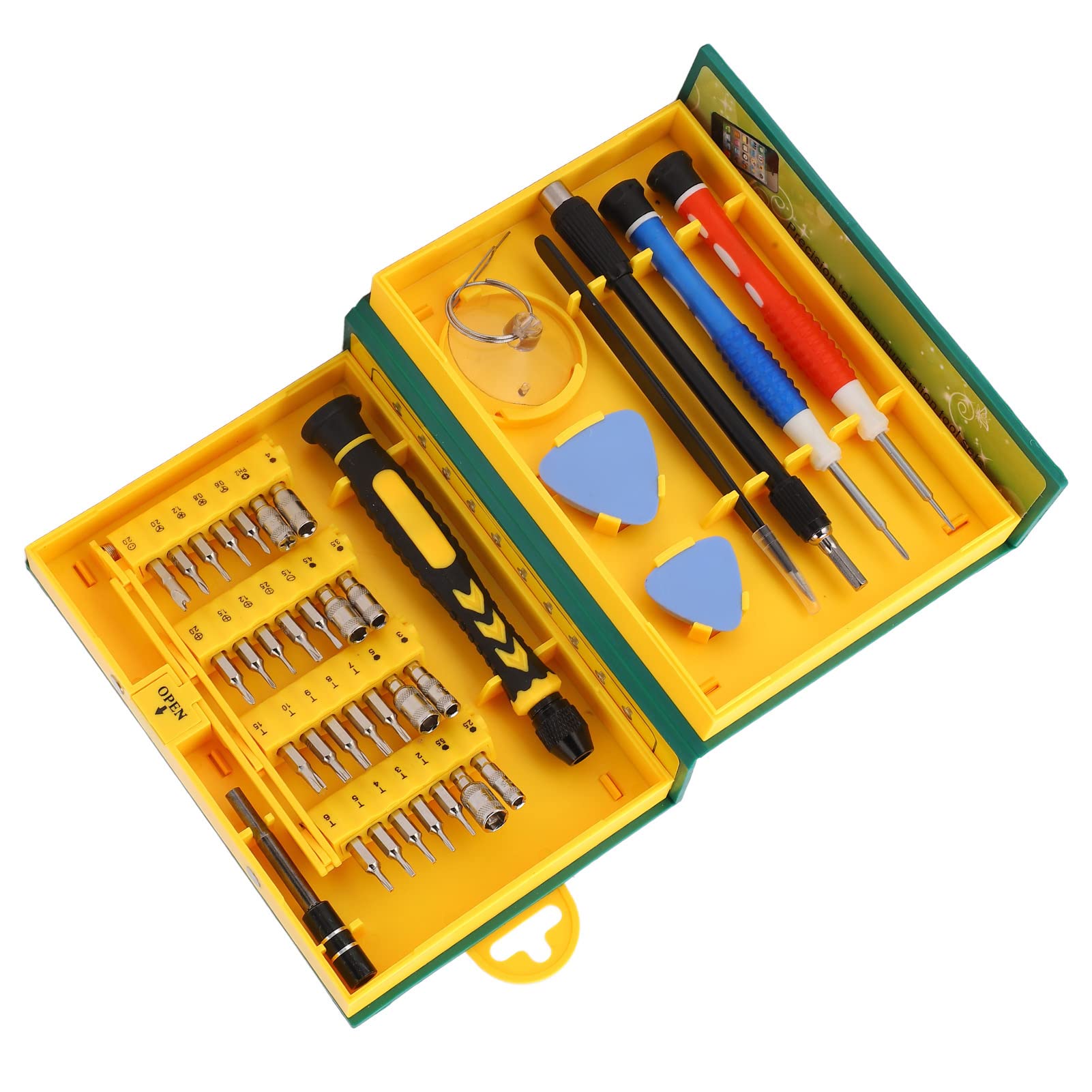 Juego de brocas con mango de destornillador de 38 piezas, varilla de conexión, ventosa, pinza, caja, herramienta de palanca, juego de destornilladores