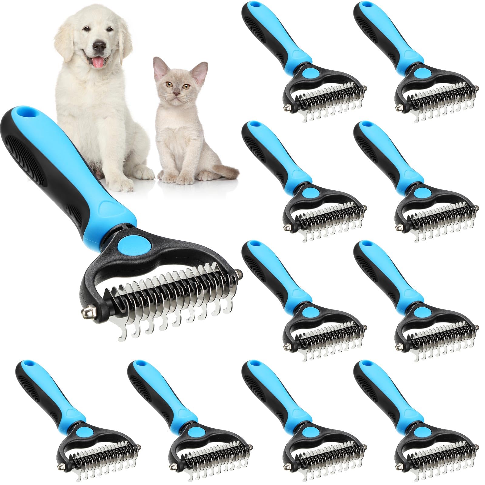 Photo 1 of 10 Pcs Double Sided Deshedding Brush Dog Grooming Brush Dog Brush for Shedding Dog Deshedding Tool Dematting Brush for Dogs Undercoat Rake Comb Dog Grooming Rakes for Cats Pet Supplies, Blue