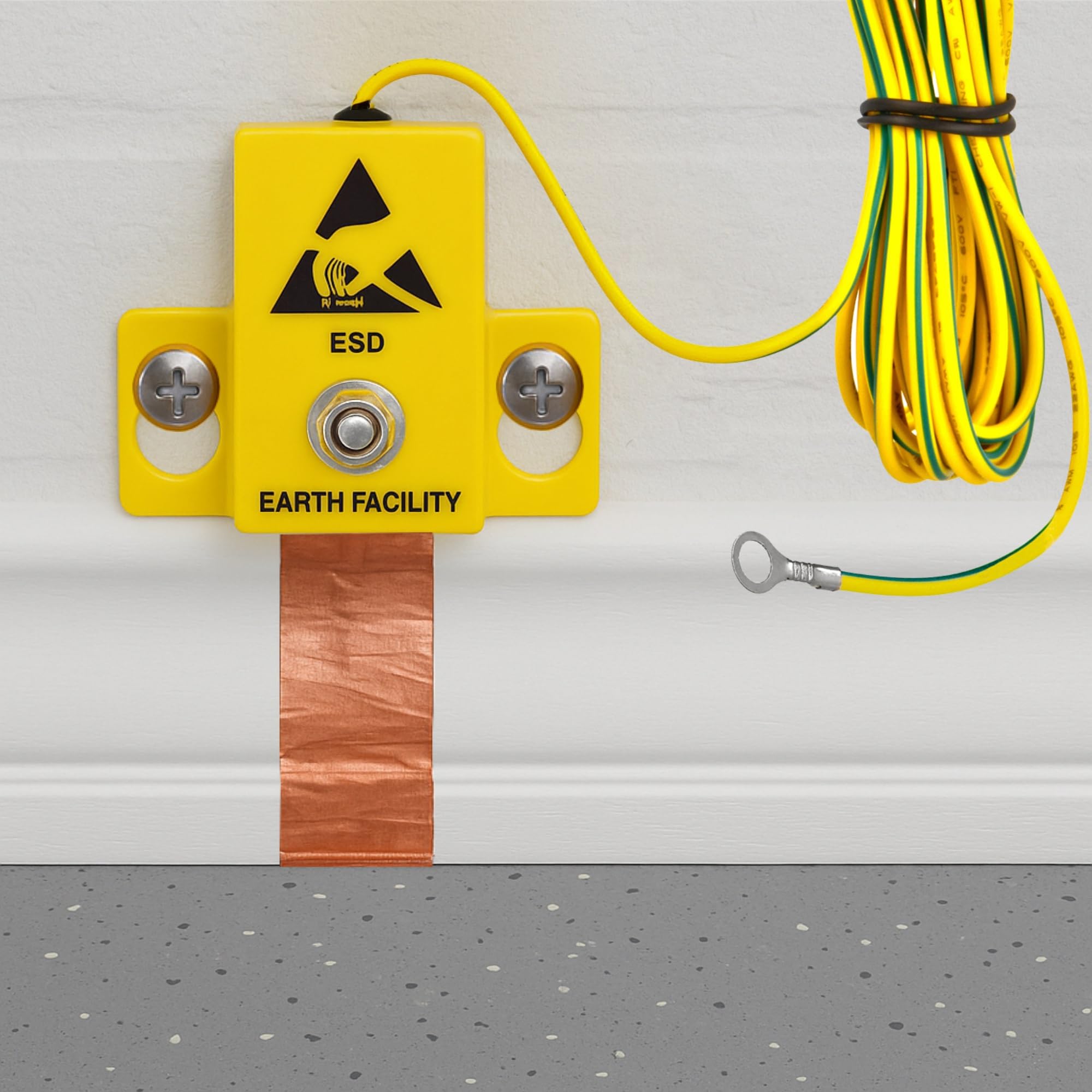 Equipment di messa a terra per pavimenti – Montaggio a parete – M5 vite di collegamento per collegamento di occhielli – innovativer protezione ESD – 1 Mega Ohm di resistenza