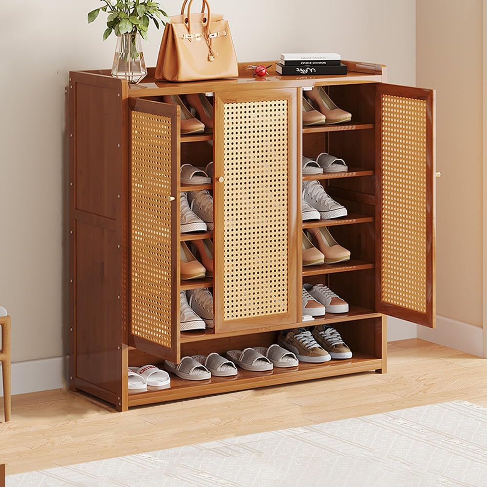BHGFYXBS Bamboo Rattan Shoe Cabinet With Doors Rustic Oak Sideboard Sto Adjustable Shelves Entryway For Hallway & Home Decor,Brown-90 * 32 * 94 Cm,Brown-90 * 32 * 94 cm
