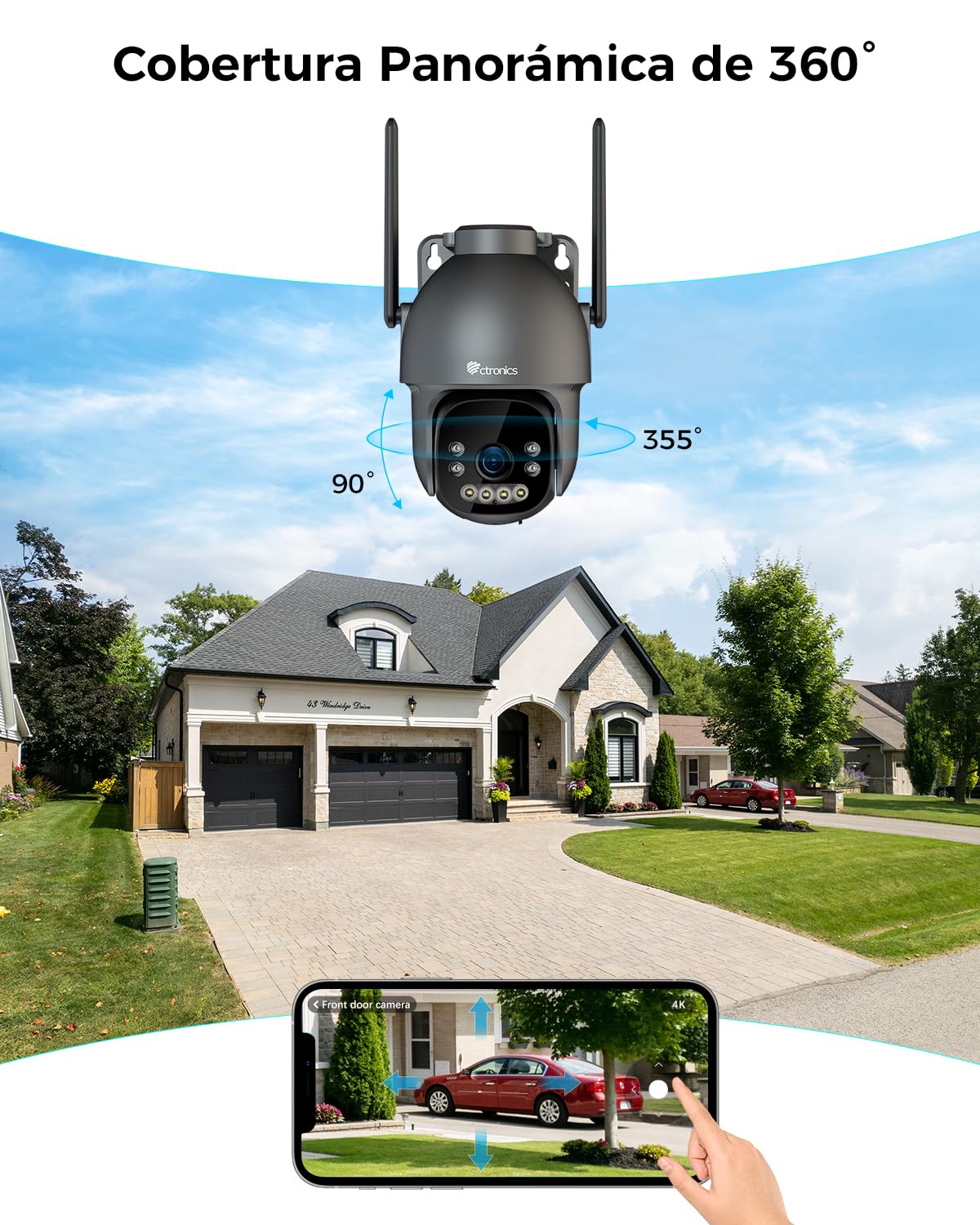 Ctronics Cámara de Vigilancia Exterior 4K para Exteriores WiFi, Cámara PTZ | Visión Nocturna a Color de 8MP, WiFi 2.4/5 GHz, Detección de Personas/Vehículos/Animales, NVR, Audio Bidireccional, IP66