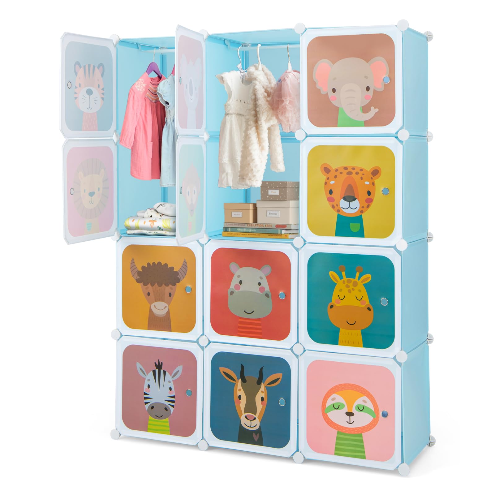 COSTWAY Meuble Rangement Enfant 12 Cubes avec Motif d'animaux, Armoire Modulable avec Portes & Poteau de Suspension, Charge 10kg pour Vêtements Chaussures Jouets, 109 x 35 x 145 cm
