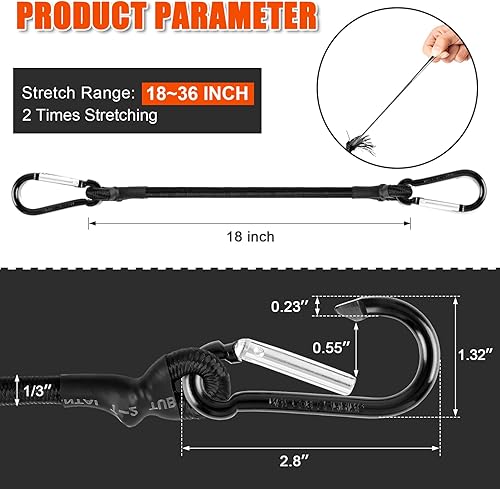 Miniatura 8 de Cuerdas elásticas de mosquetón de 24 pulgadas resistentes para exteriores, cuerdas elásticas de 13 pulgadas de grosor con ganchos para camping,