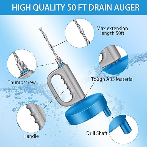 Miniatura 3 de Barrena de drenaje de 50 pies para fontanería, serpiente, fregadero de cocina, removedor de obstrucciones, herramienta de limpieza manual flexible
