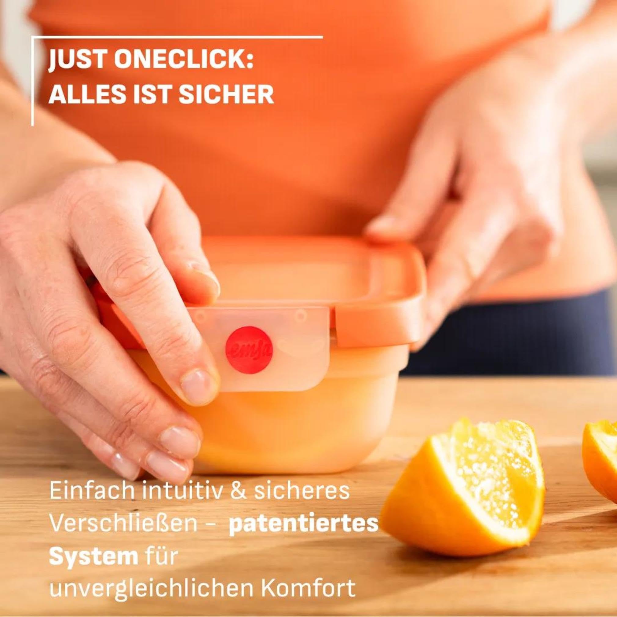 EMSA oneClick beYou, Travel Set, 100% Auslaufsicher, beYou Flip Bottle 0,7 L, Food Storage Container 0,5 L, 1,20 L, Orange, N3121550