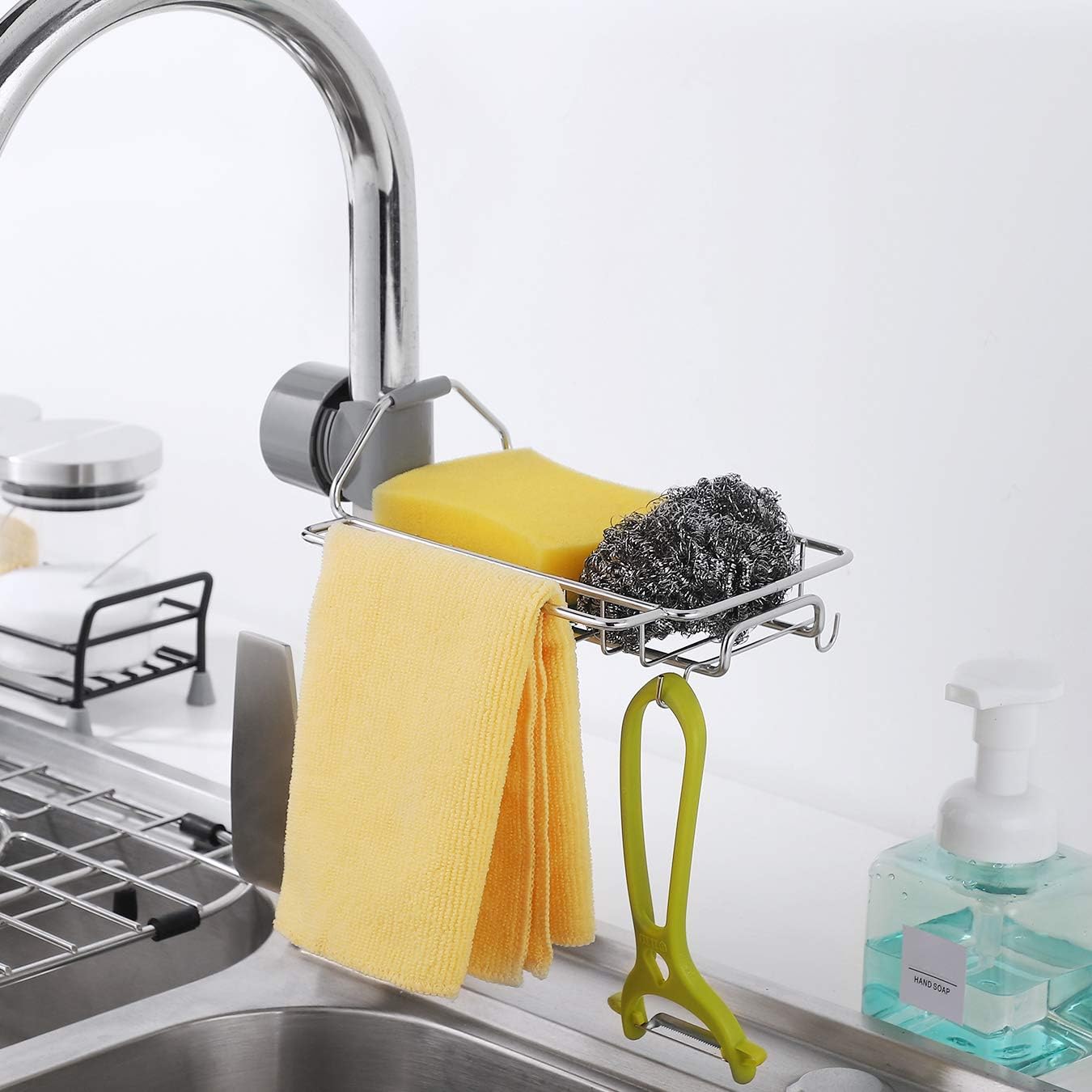 Kitchen Faucet Sponge Holder, UFRIDAY Kitchen Sink Hanging Caddy Drainer Rack, Stainless Steel Kitchen Storage Rack for Soap, Brush, Towel and Sponge, Can Be Used as Shower Caddy