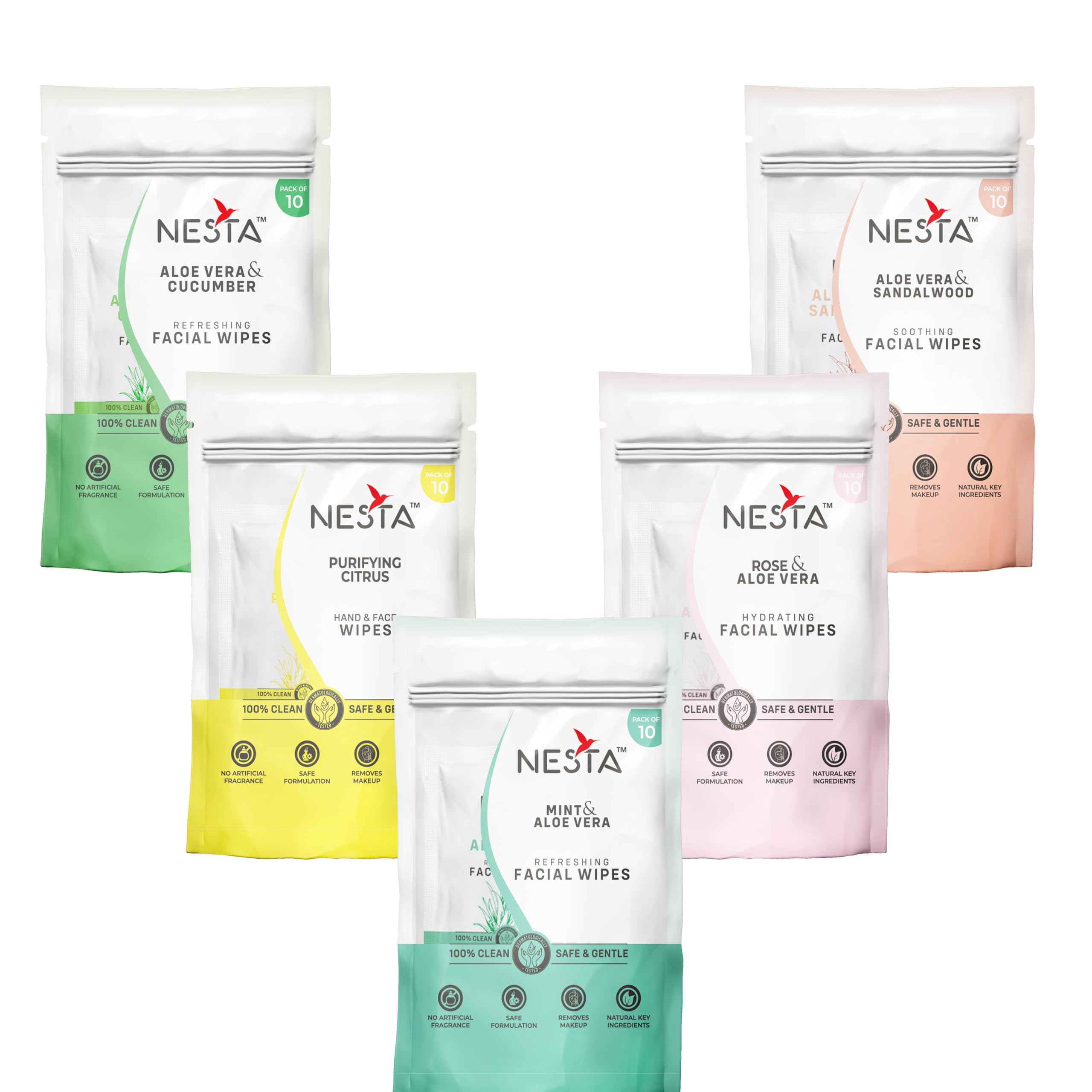 Wet Wipes, Daily Cleansing Refreshing and Moisturizing Wet Facial Wipes - Rose, Lemon, Mint, Cucumber, Sandalwood with Goodness of Aloevera, Antiacne (10 Count Each, Pack of 5)