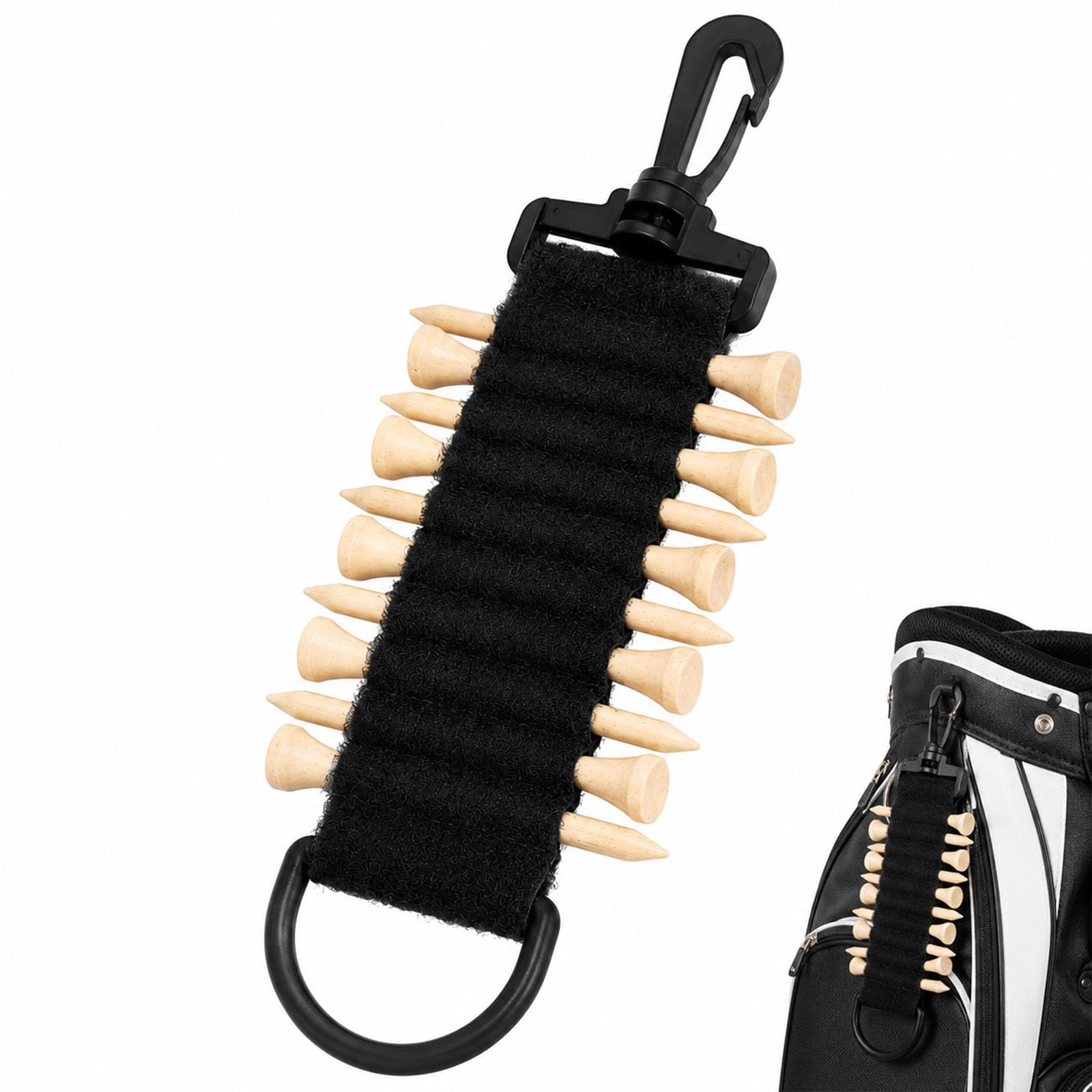 Golf Tee Holder Nylon Pouch Metal Hook 10 Bamboo Tees Compact for Golf Bags