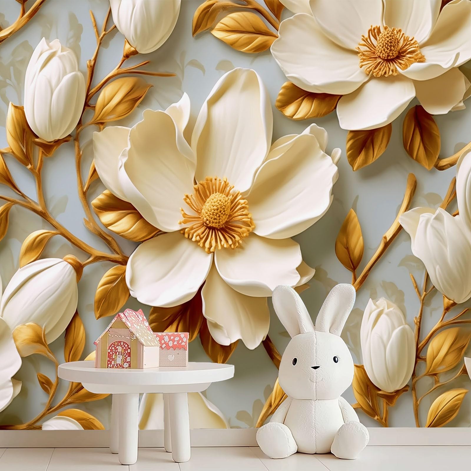 Panoramiczna tapeta ścienna 300 x 210 cm tapeta z włókniny, niestandardowy rozmiar, 3D magnolia tłoczone kwiaty tapeta 3D złota do salonu sypialni zima dekoracja domu