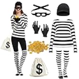 7 Pieces Halloween Women Robber Costume Set, Women Burglar Costume Thief Cosplay Striped Shirt Socks Mask Coins Gloves Beanie Bag for Halloween Party Outfit