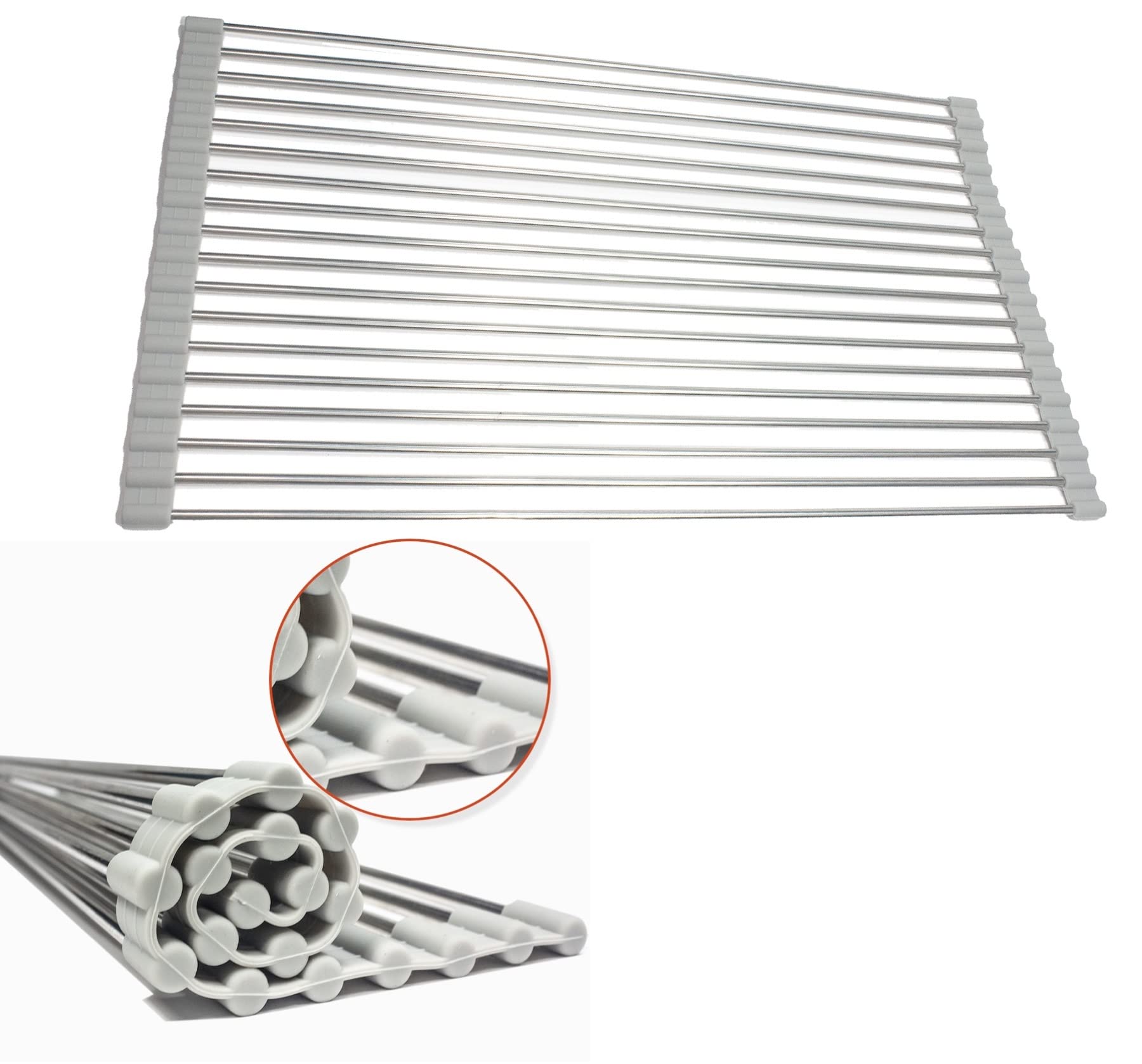 Blinacces Roll Up Dish Drying Rack / Over Sink Dish Drying Rack Countertop & Wall Organization / Foldable Sink Rack Mat Stainless Steel (20,4´x 13.7') (Gray)