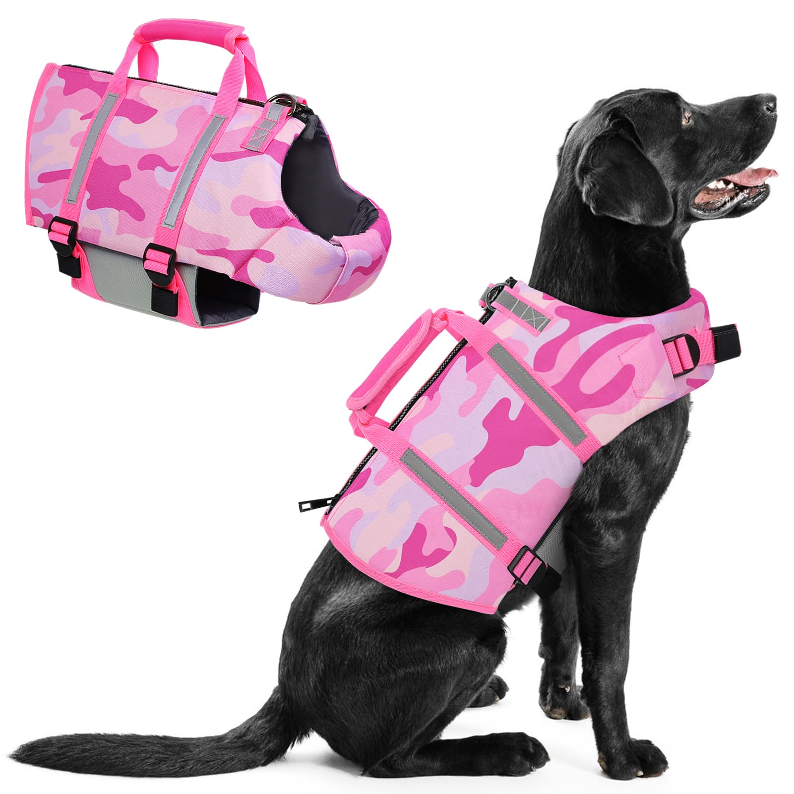 PUZAUKAL Giubbotto Salvagente Cane con cerniera dorsale e camouflage, regolabile, maniglia di salvataggio. Salvagente per cani ideale per Labrador, Corgi, Bulldog Francese.(XL mimetica rosa)