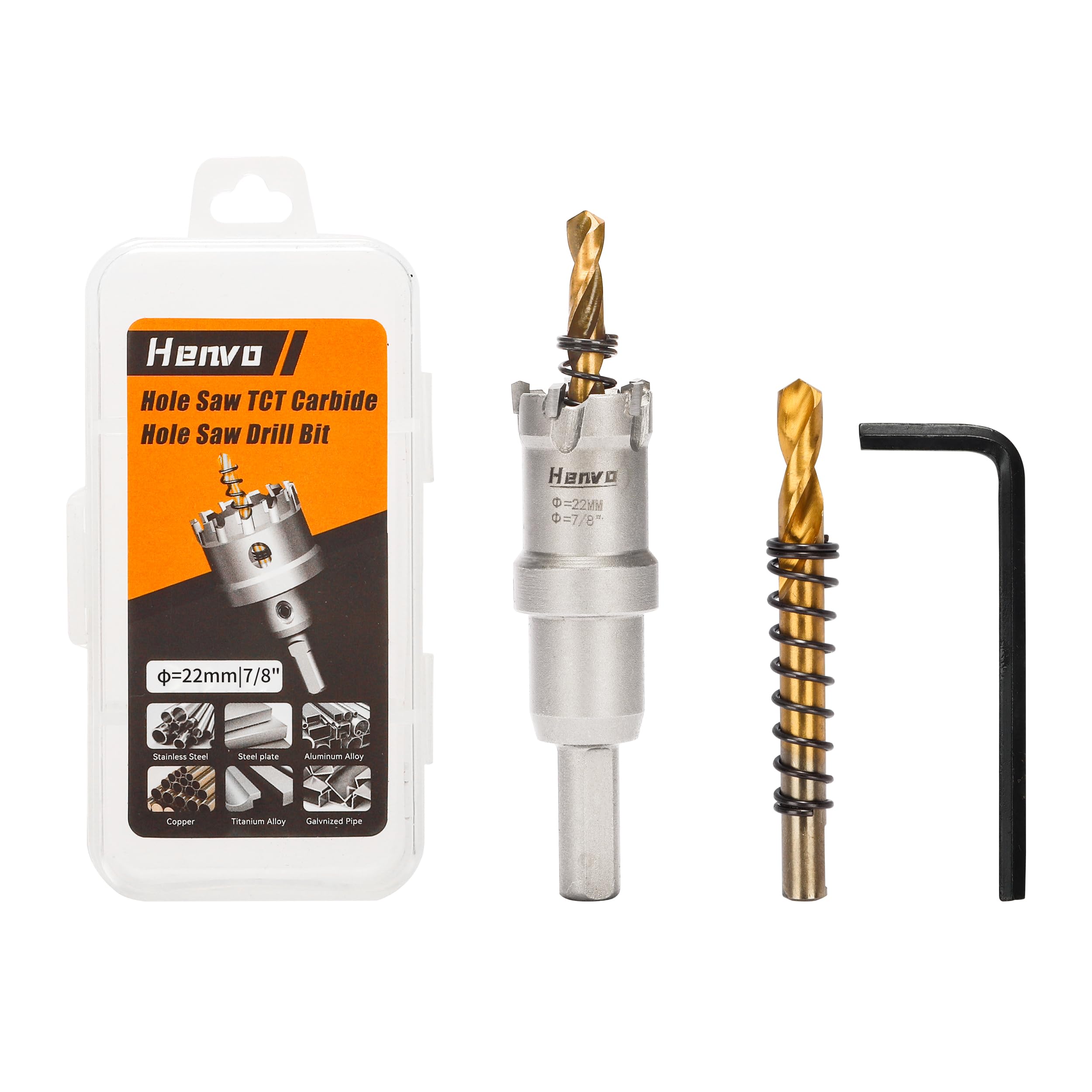 Henvo Hole Saw 7/8" (22mm) Heavy Duty Carbide with 2 Pilot Drill Bits - Metal Hole Cutter Cuts Stainless Steel, Iron, Copper, Brass, Plastic