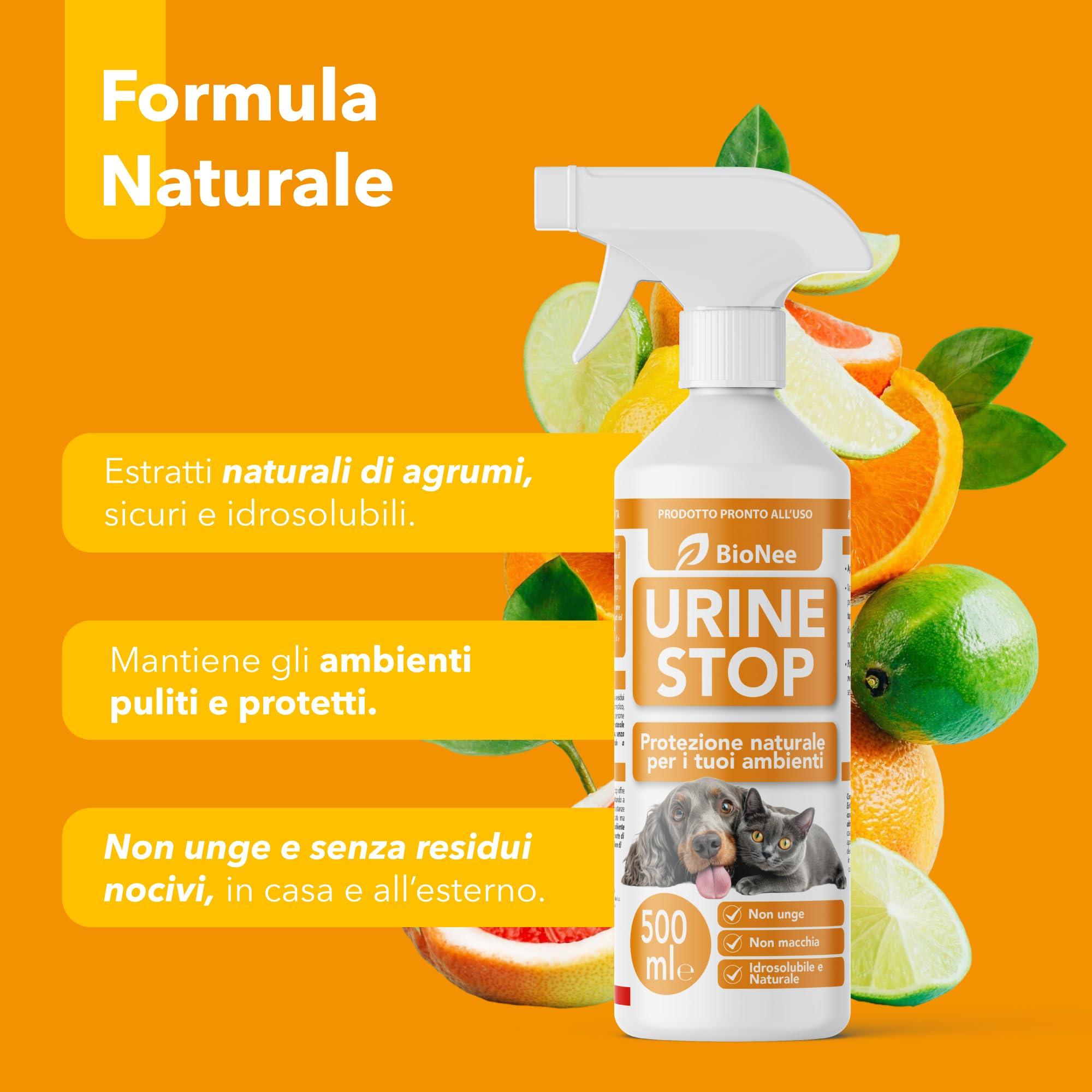 Bionee Urine Stop Spray Naturale per Cani e Gatti 500 ml – Doppia Azione: Disabituante agli Agrumi + Elimina Odori – Pronto all’Uso, Non Macchia, Sicuro per Ambienti Interni ed Esterni