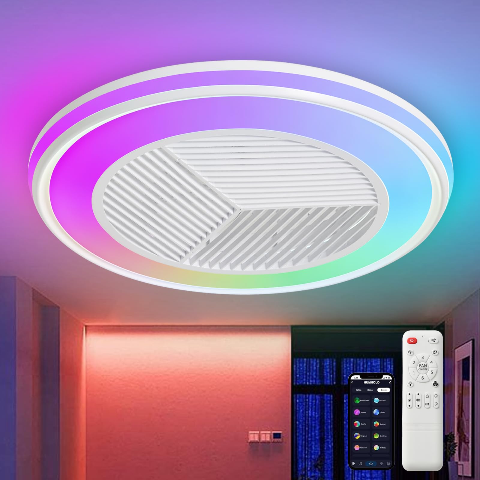 RGB Inteligente Ventilador Techo con Luz y Mando a Distancia & APP Modo de Luz de Color Reversible Ventilador de Techo sin Aspas Chambre