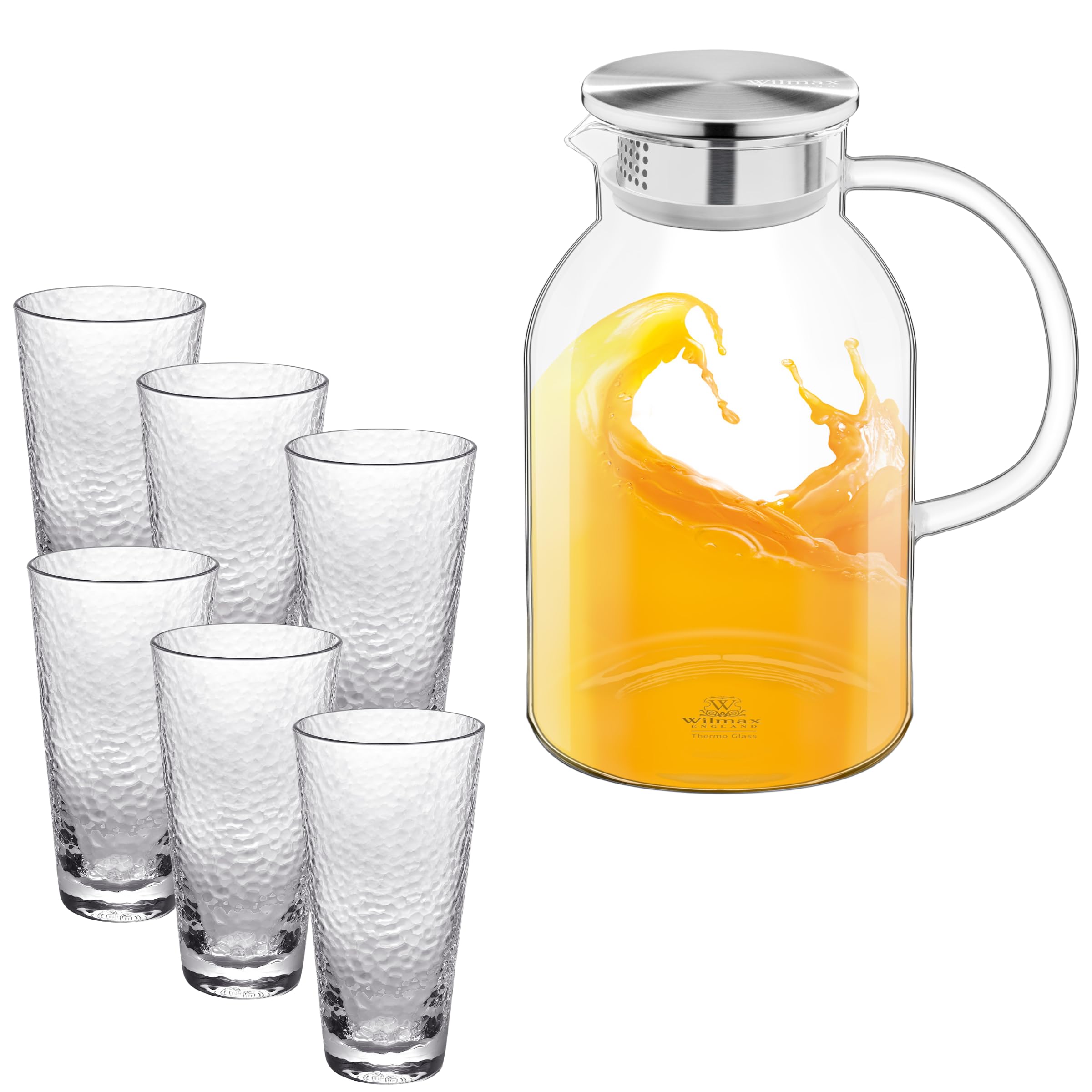 Wilmax Brocca in vetro 2,1 l con 6 bicchieri da 320 ml in un set - Set per bevande - Brocca per succhi, acqua, tè freddo, latte - Lavabile in lavastoviglie - Brocca in vetro