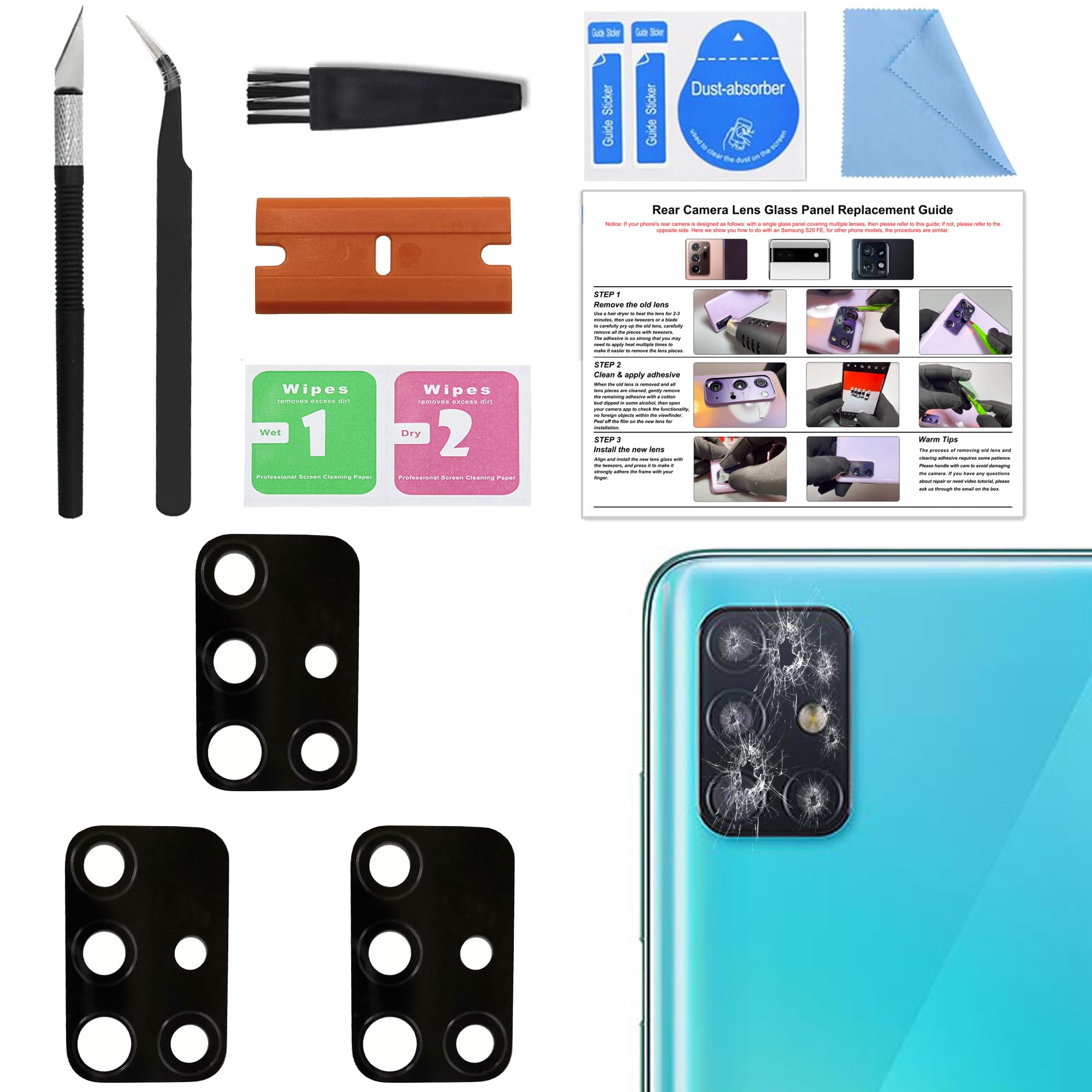 BATLABB 3 Pack Galaxy A51 4G / 5G Back Rear Camera Lens Glass Replacement, Back Camera Lens with Pre-Cut Tape for Samsung A51 4G / 5G, Included