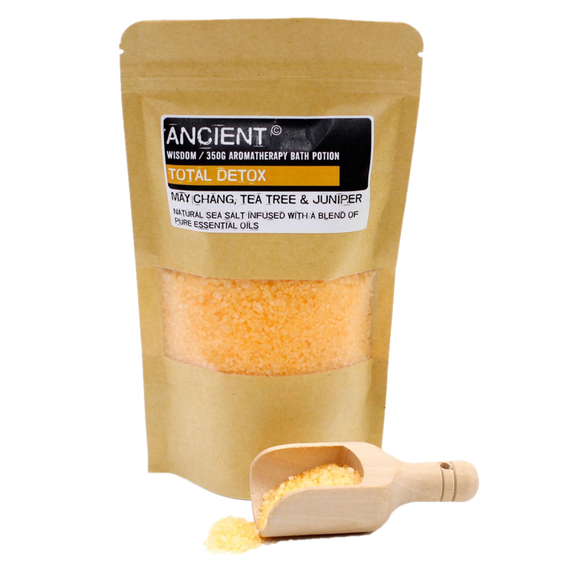 Total Detox Natural Sea Salt & Pure Essential Oils. Soothing Aromatherapy Bath Salt, Deep Soak, Muscle Relief Potion: 350g Resealable Pouch - May Chang, Tea Tree & Juniper