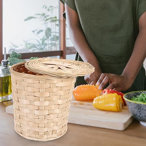 Miniatura 8 de BESTonZON Cesta de lavandería tejida con paja papelera de ratán con tapa, papelera de mesa, papelera de oficina, cesta de mimbre, contenedor de