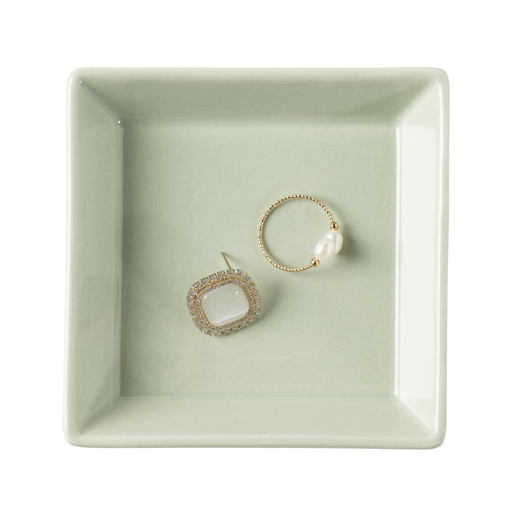 Ceramic Trinket Dish, Ring Tray, Decorative Jewelry Dish for Earrings Necklaces Watch Keys for Women (green square)