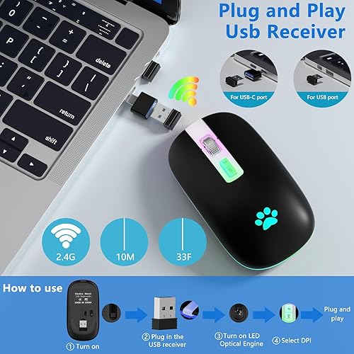 Miniatura 4 de Mouse inalámbrico, mouse inalámbrico recargable de 2,4 G, retroiluminado, portátil, delgado, para computadora portátil, PC, computadora, MacBook,