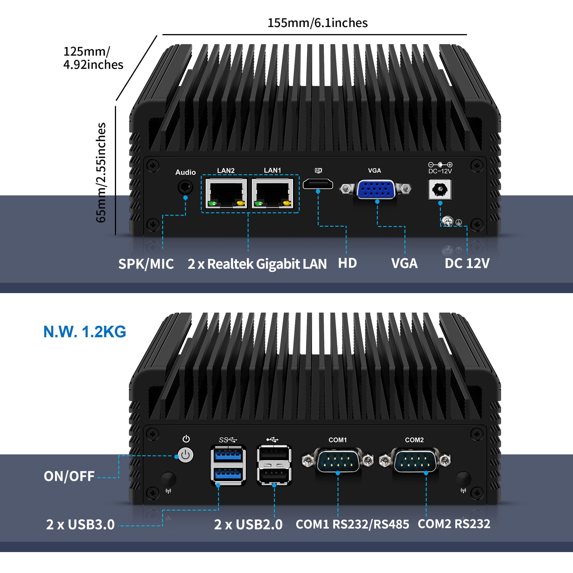 CWWK Mini PC Fanless, N2840 Industrial Embedded Computer, 2 x COM RS232/RS485, Dual Gigabit/1000M LAN, 8GB DDR3 RAM 128GB mSATA SSD, SIM, Mini-PCIe, HD, VGA, 4USB, SATA