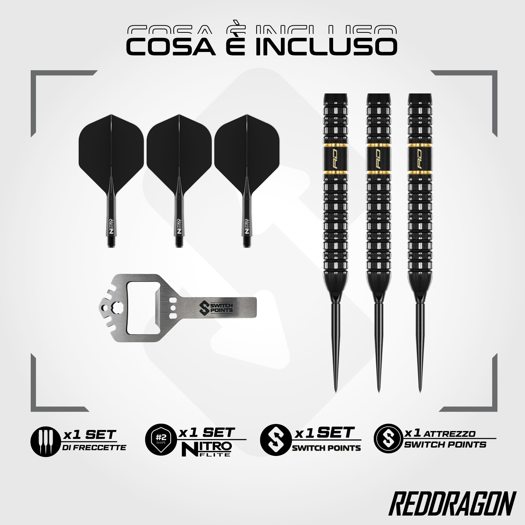 RED DRAGON Freccette – Ascend Switch Points Series 23g | Powered by Winmau | Parallele | 90% Tungsteno Freccette Professionali - NitroFlite Integrated Flight/Shaft | Freccette con punta in acciaio e