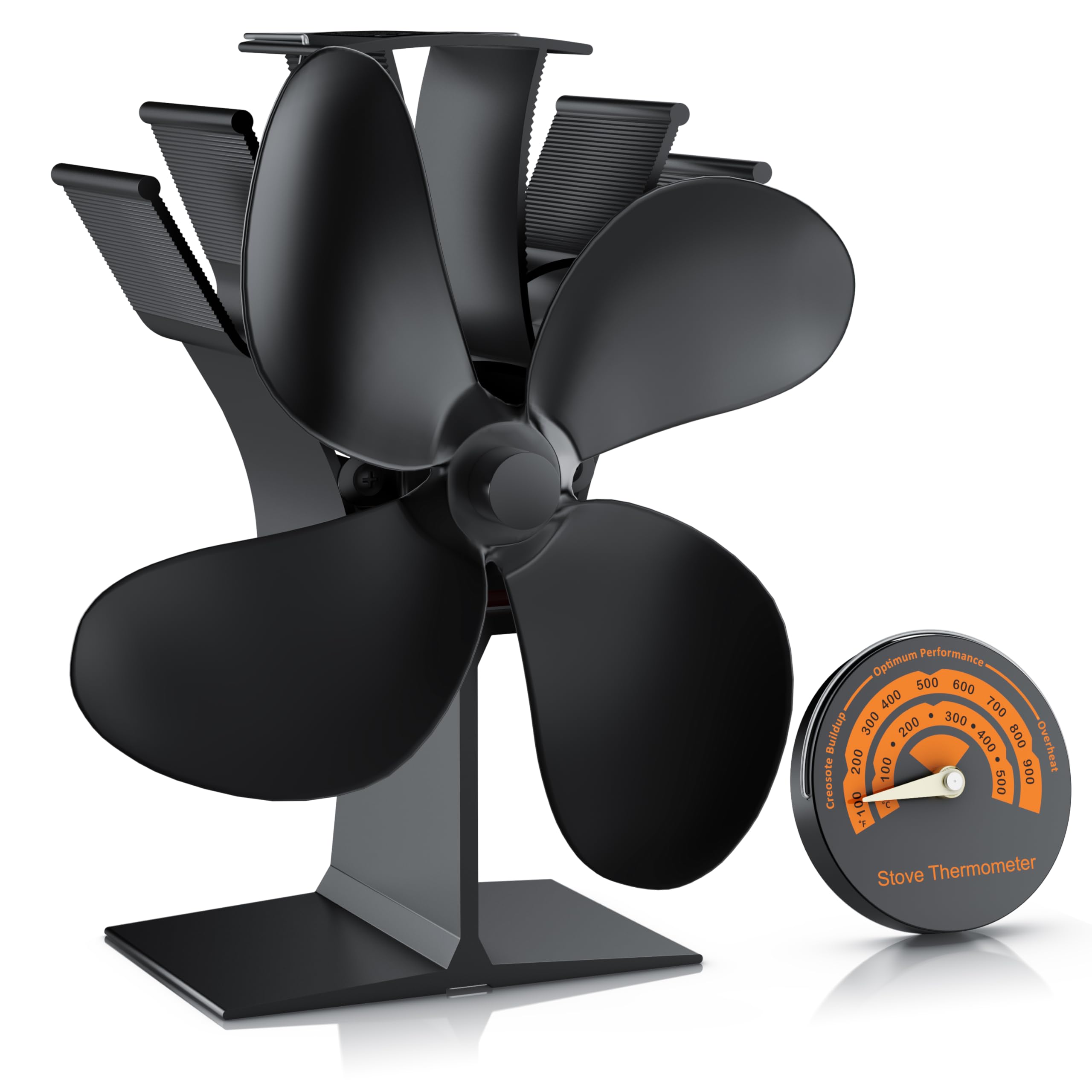 Brandson - Ofenventilator wärmebetrieben - Kamin Ventilator - Lüfter für Kaminöfen Holzöfen Öfen - 4 Flügel Rotorblätter – Rotordurchmessser 180mm – Wärmeverteiler ohne Strom – schwarz