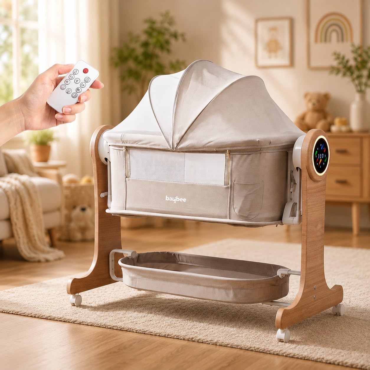 BAYBEE Azure Wooden Electric Baby Cradle and Swing | Bedside Crib with 5-Speed Automatic Swing & 3-Level Height Adjustable | Cradle for New Born Baby with LED Touch Panel, Remote, Music (Beige)-image-38