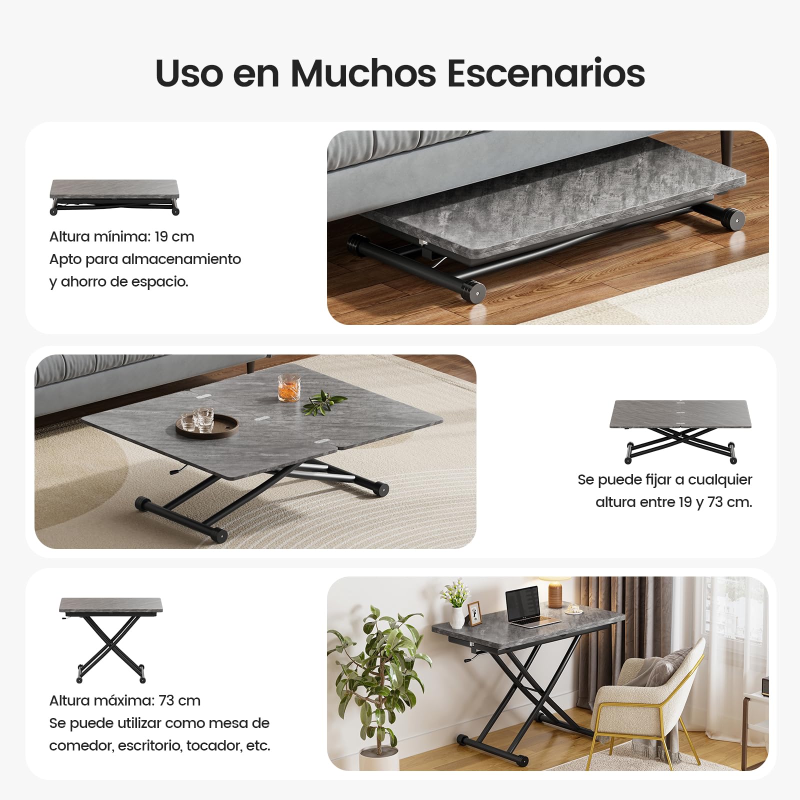 Mesa Elevable y Extensible,Mesa de Centro Funcional para Comedor de Espacio Pequeño, Sala de Estar, Cocina, Sala de Estudio, Gris