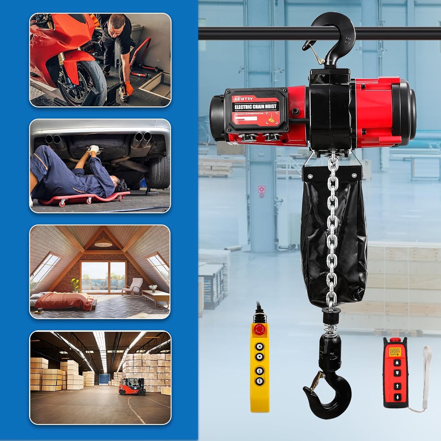 NEWTRY Palan électrique à chaîne 2500 W, 1000 kg, 2 vitesses, 4 m/min et 6,8 m/min, moteur sans balai, contrôle sans fil et filaire, hauteur de levage G80 3 m