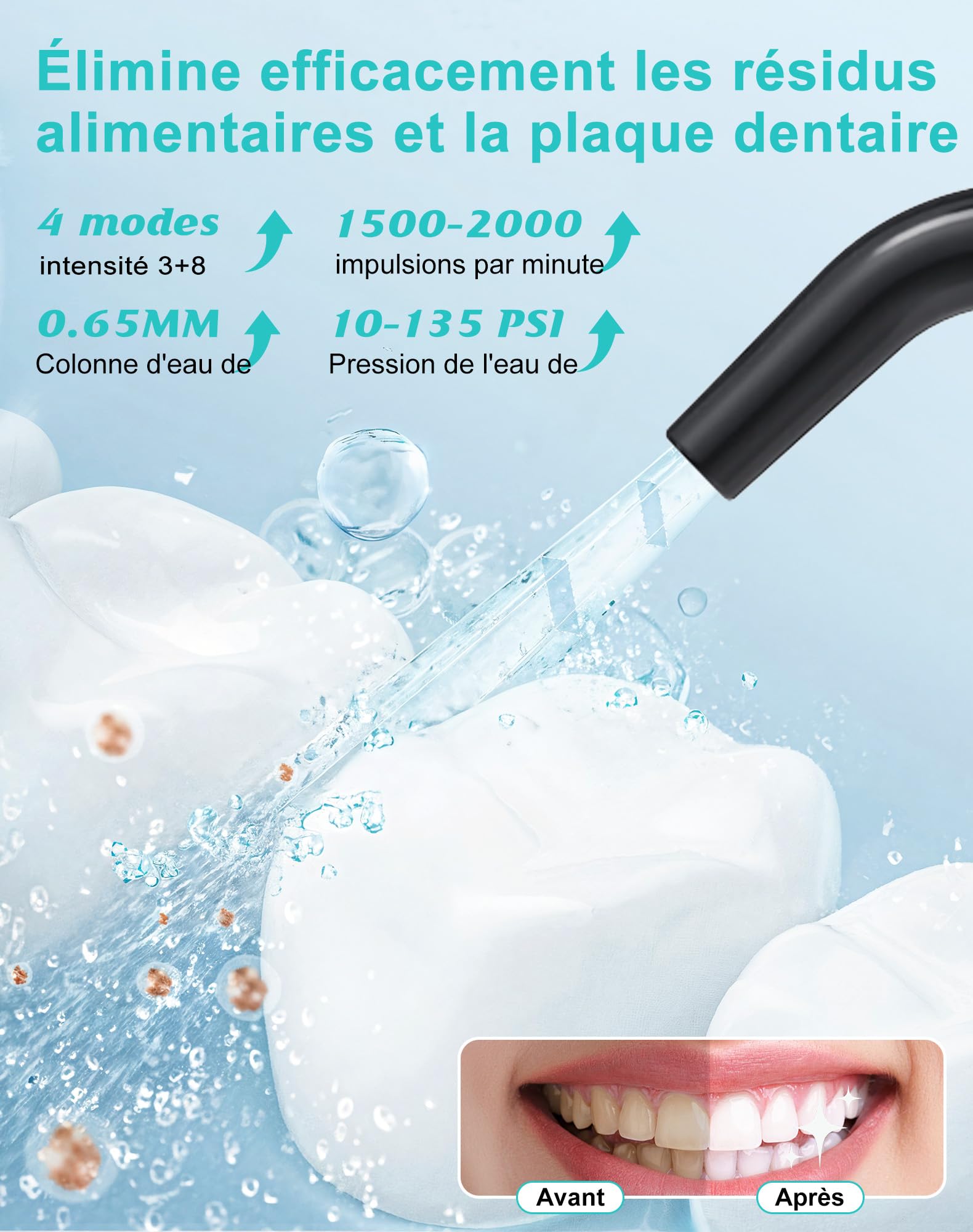 Jet Dentaire Hydropulseur Portable DIY, Hydropulseurs et Irrigateurs 5 Modes et 3 Intensités, Réservoir 300ML et Base Amovible, USB Chargé, Étanche IPX7, Sans BPA, Silencieux (Noir-01)