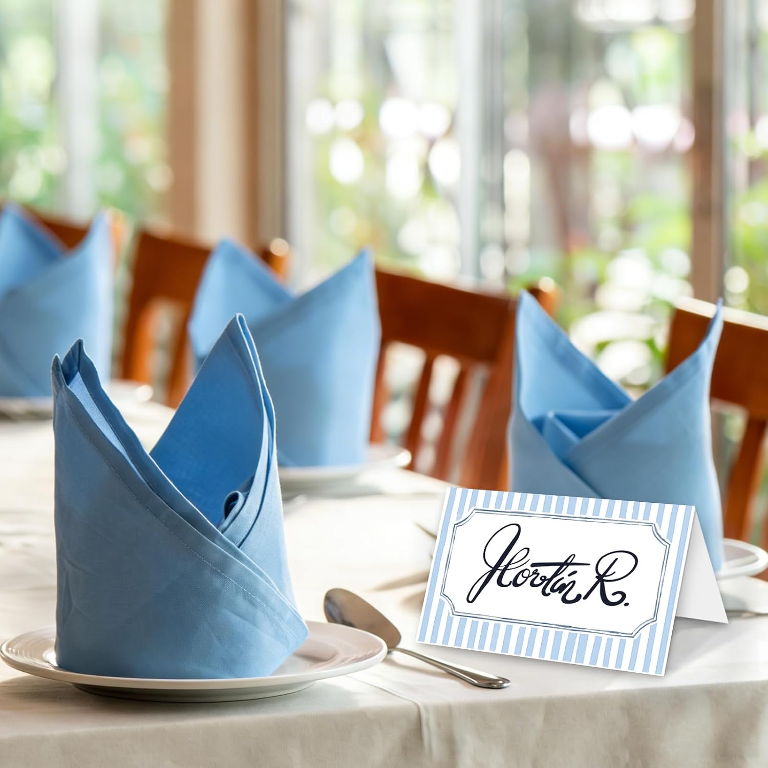 Whaline 100Pcs Blue Striped Place Cards Tented Card Elegant Seating Cards for Spring Wedding Birthday Bride Shower Party Table Setting, 3 x 4.6 Inch