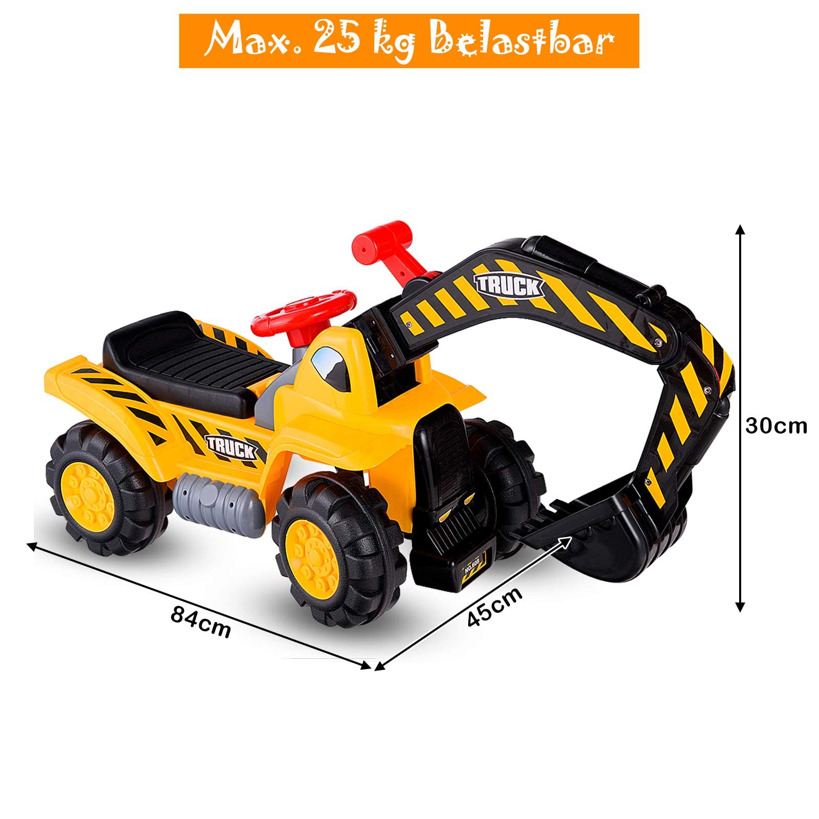 RELAX4LIFE Excavadora de Juguete para Caballo, Excavadora Gigante para niños de 3+ años, Excavadora eléctrica con Asiento Amplio y Sonidos, Ruedas deslizantes para césped, Madera y Playa, 84x45x30cm