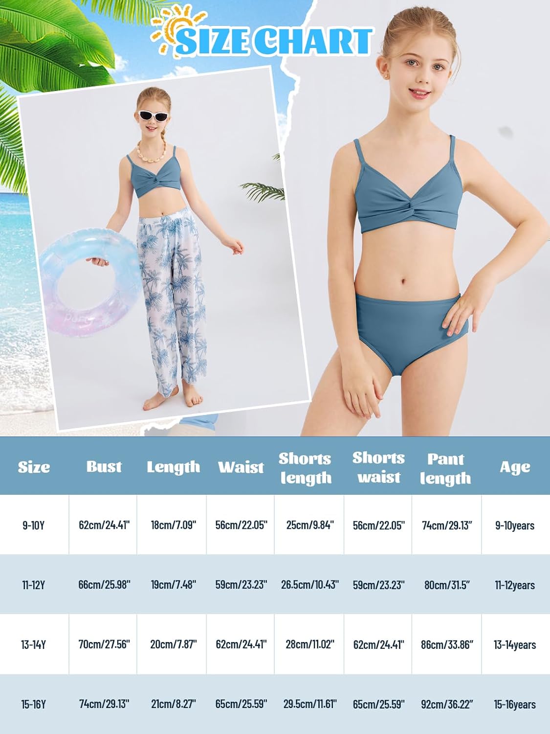 Girls Swimsuit 3 Piece Bathing Suit Criss Cross Bikini Set Tropical Floral Swimwear with Mesh Cover Up Pants Size 9-16Y - Image 6