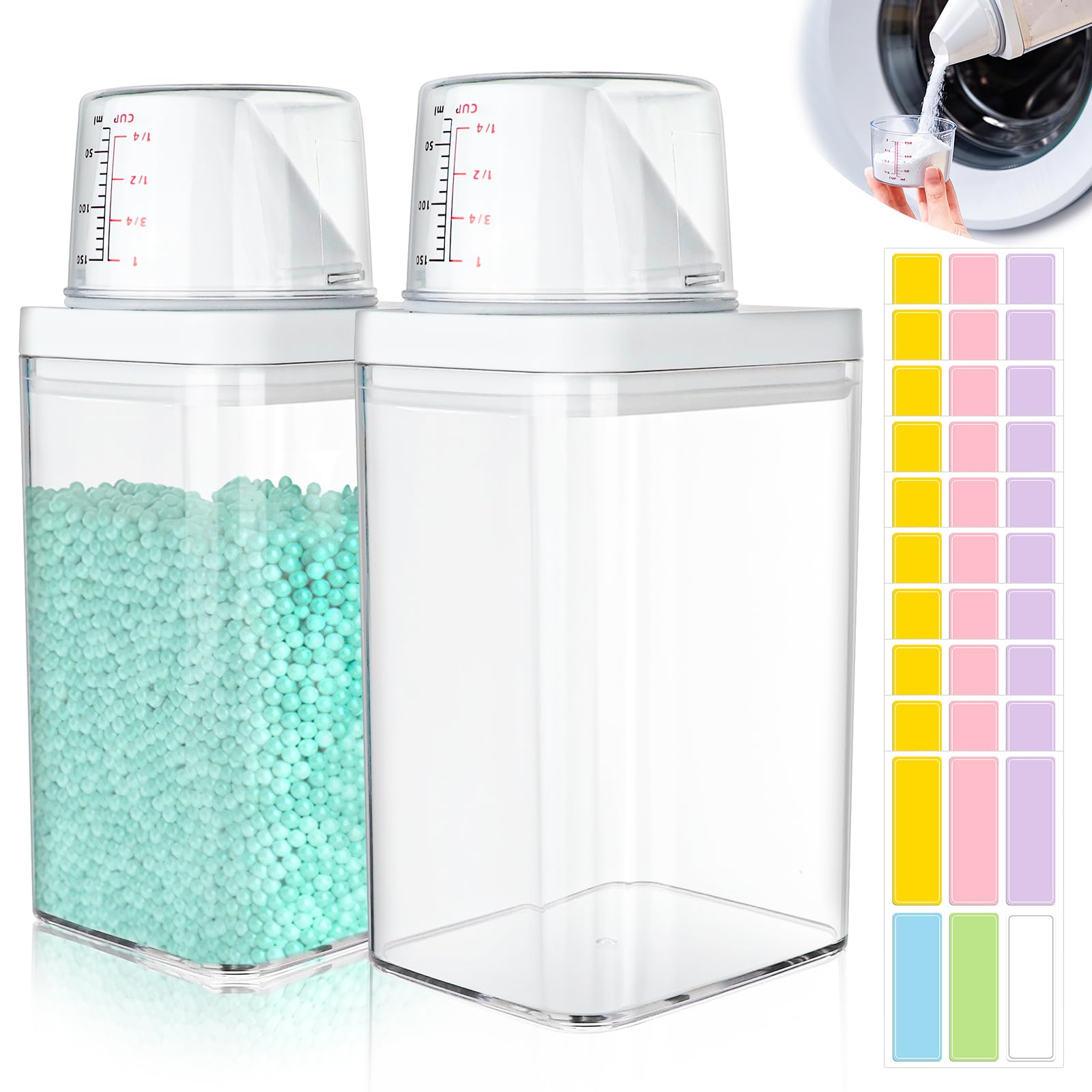 2 Pièces Distributeur De DéTergent à Lessive, 1100ml Récipient de Détergent de Stockage de Poudre À Laver avec Tasse à Mesurer, Récipient À Lessive en Poudre BoîTe De DéTergent, EU030