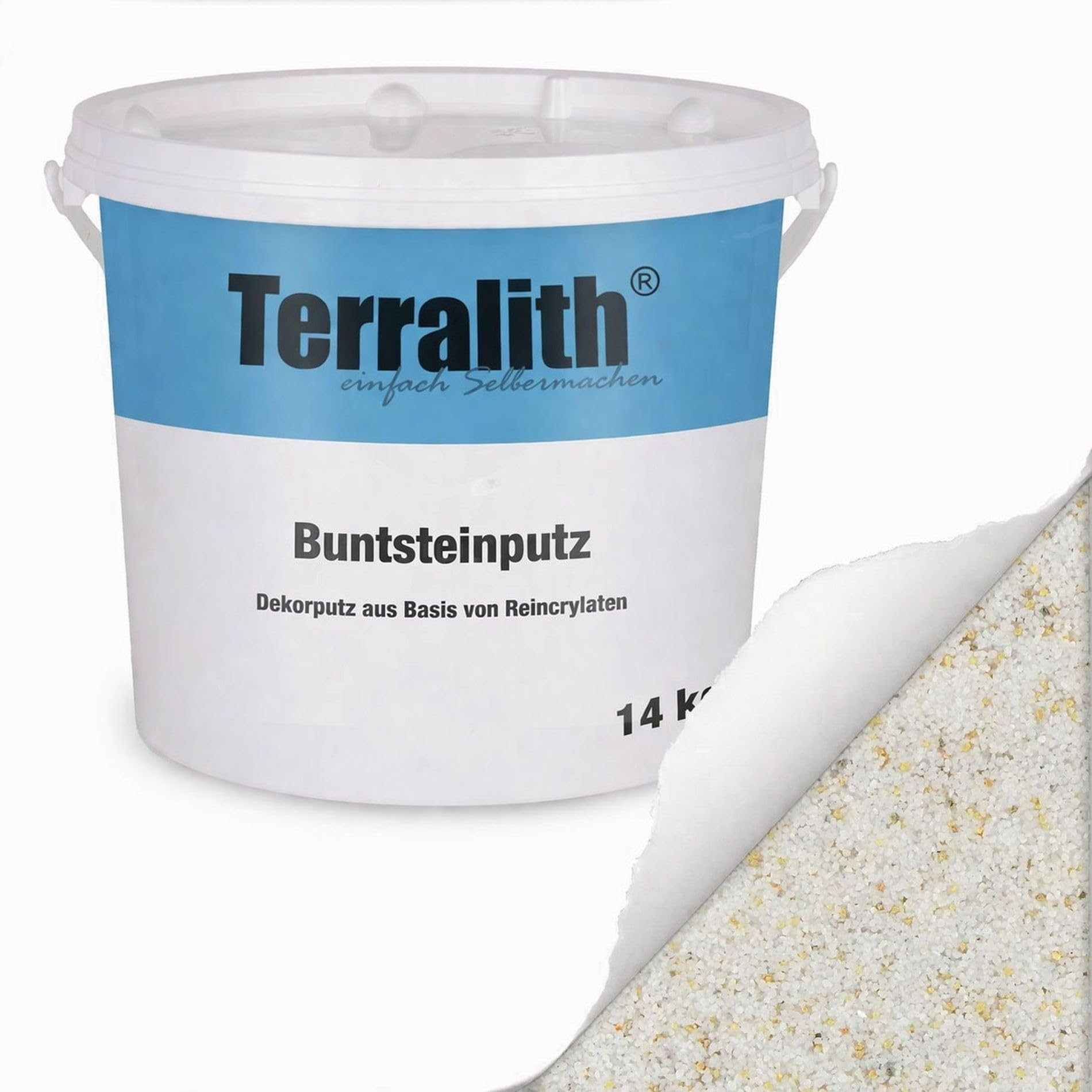Terralith Buntsteinputz 14kg in weiß-beige, Sockelputz für Innen und Außen mit Reinacrylat Bindemittel aus Naturstein, 1-2mm Körnung (BSP08)