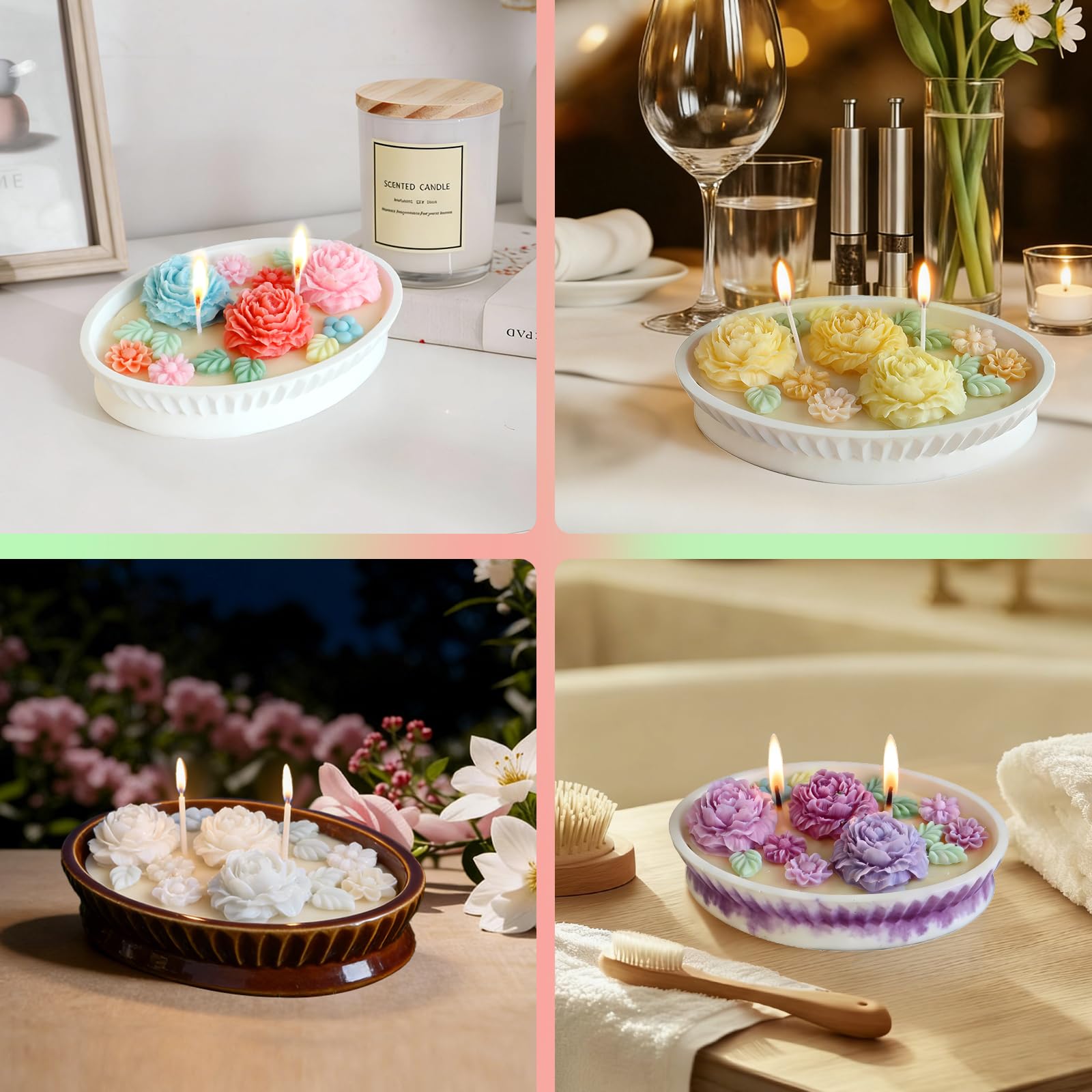 3-pak foremek do świec kwiatowych i silikonowych foremek do świec, 3D, piwonia, z eliptycznymi pojemnikami na świece, do aromaterapii, mydła, żywicy, ręcznie robionych prezentów