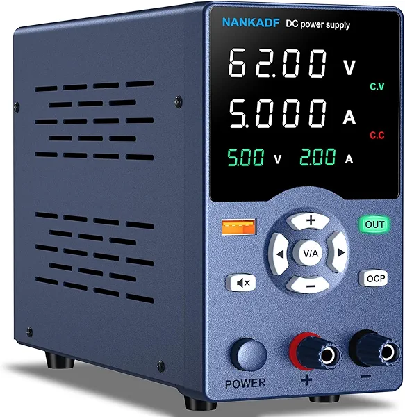 DC Power Supply, Variable Power Supply with Output Button, USB Fast Charging Port, Bench Power Supply with OCP Short Circuit Alarm, USB Output Current Display, Mute Mode (60V 5A Blue)