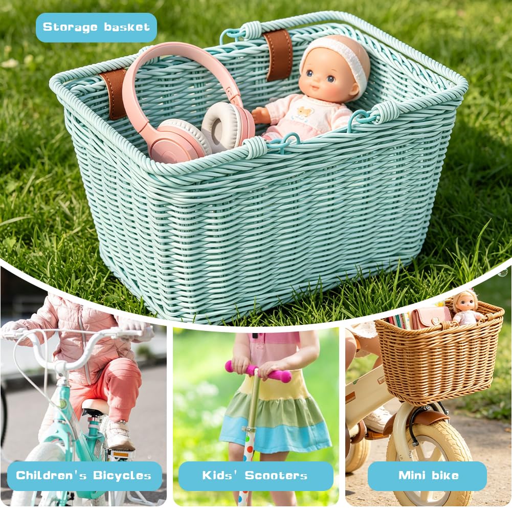 Cestino in vimini per bicicletta, intrecciato a mano, in vimini, 15 x 25 x 18 cm, con cinghie regolabili in pelle vegana, resistente cestino per bicicletta da città, shopping e picnic