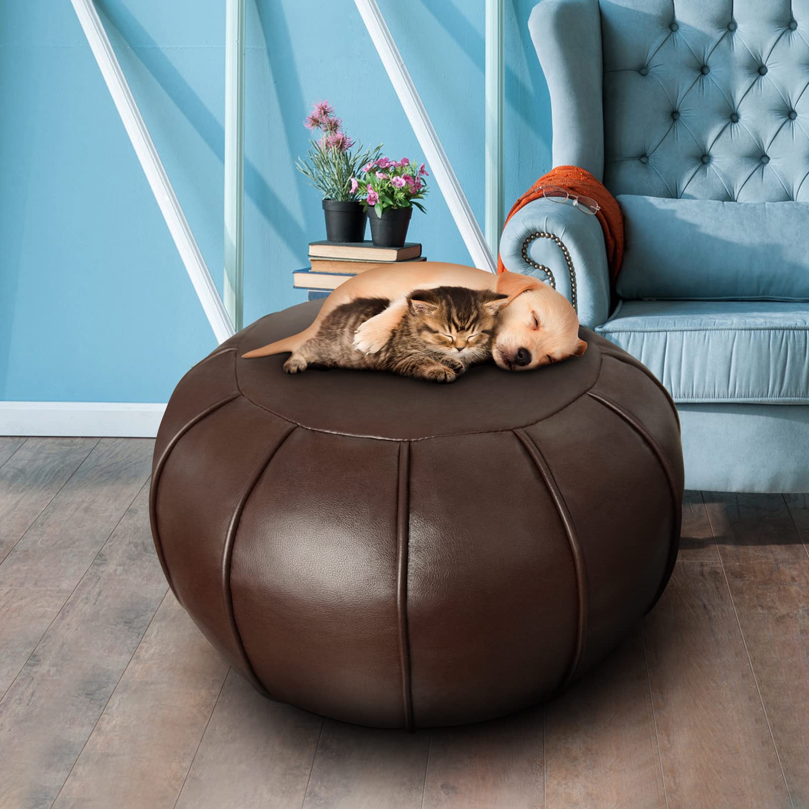 Louis Donné, Pouf artigianale in pelle di prima qualità, realizzato a mano, non imbottito, copertura ottomana, poggiapiedi, cuscino rotondo (marrone scuro)