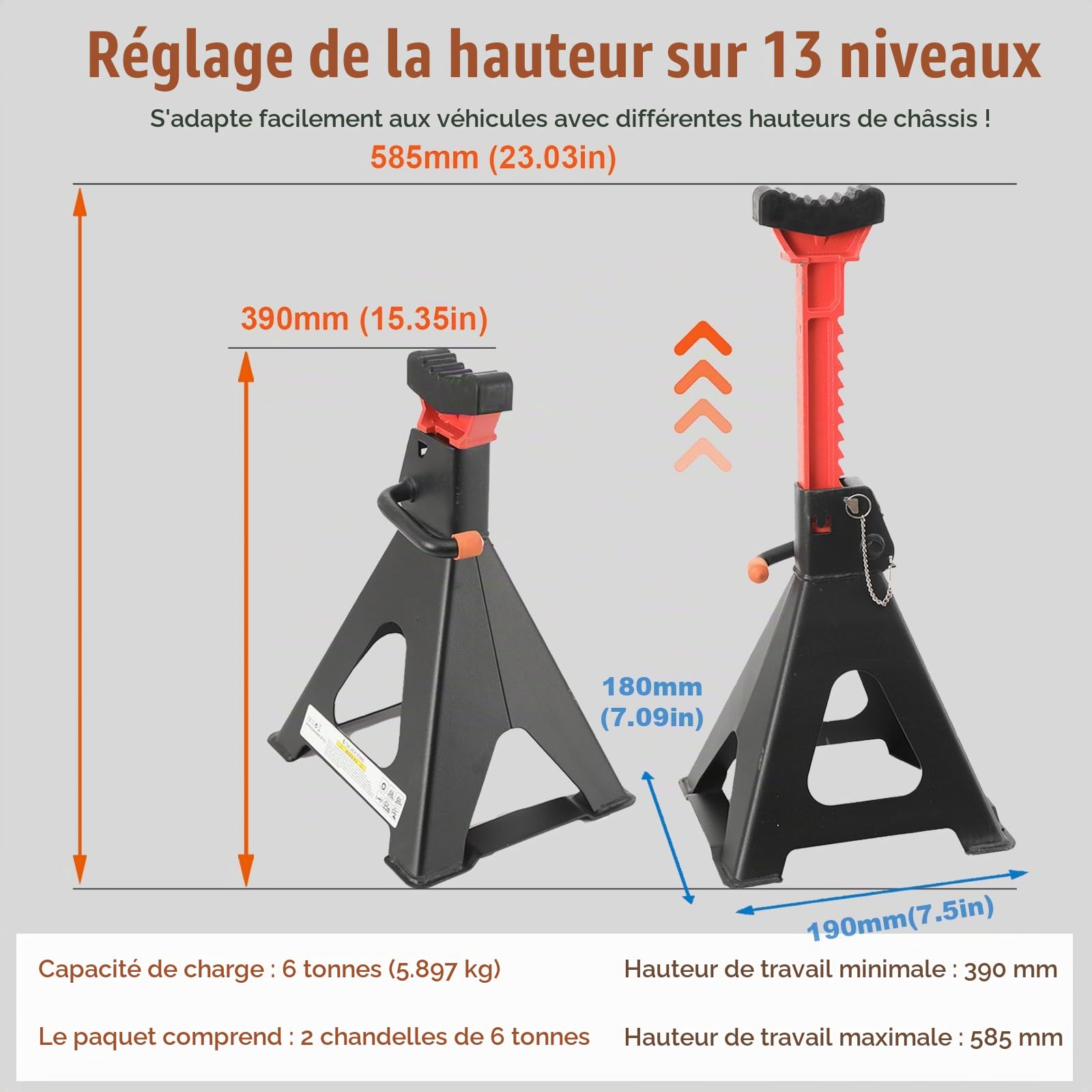 Chandelles Voiture 6T, Hauteur Réglable 390-585mm | Chandelles à Crémaillère, Chandelles en acier pour Soulever des Véhicules Auto SUV Atelier Dépannage