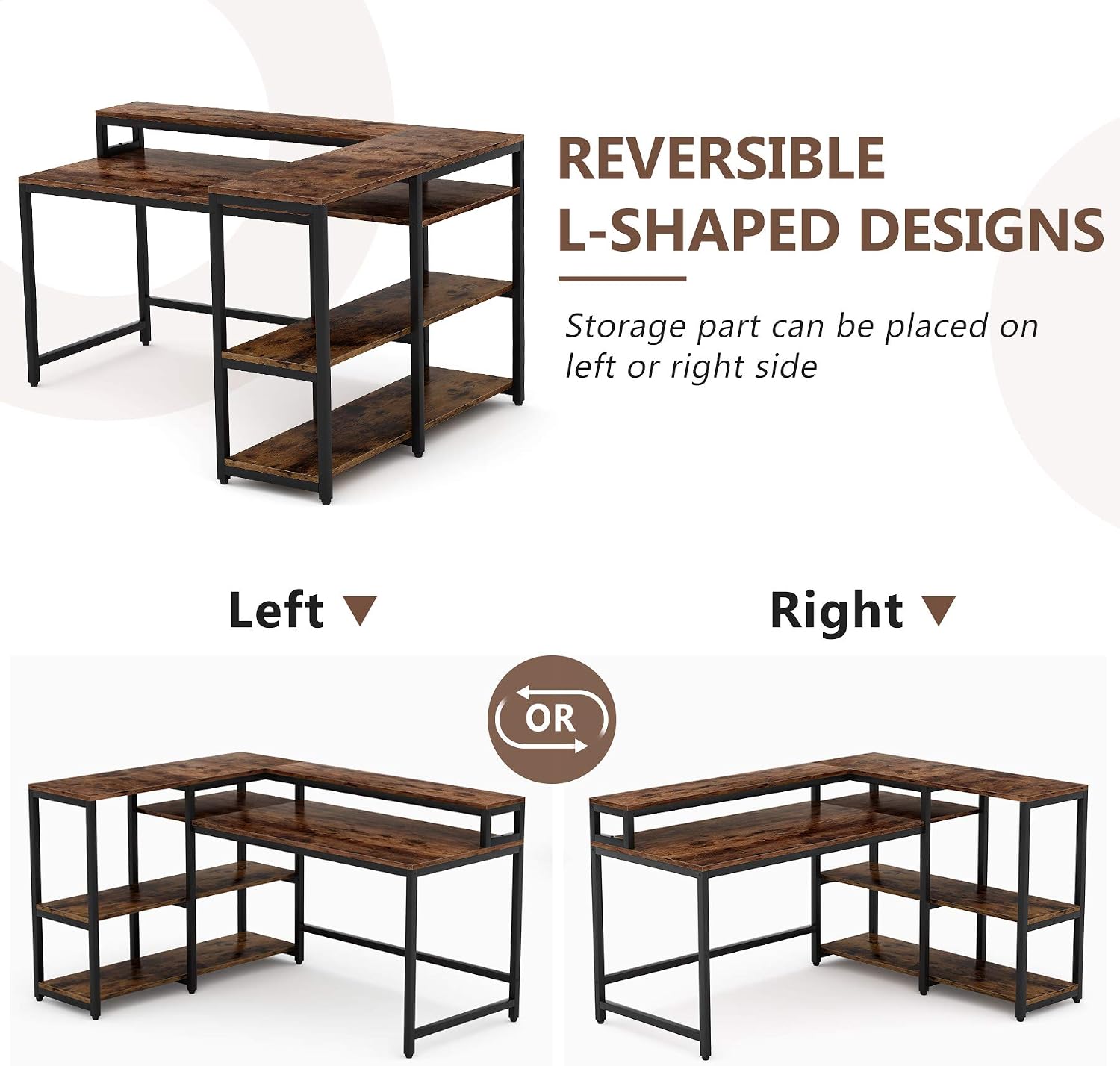 Tribesigns 55 Inch Reversible L Shaped Computer Desk with Storage Shelf, Industrial Corner Desk with Shelves and Monitor Stand, Study Writing Table for Home Office (55" D x 41" W, Rustic Brown)