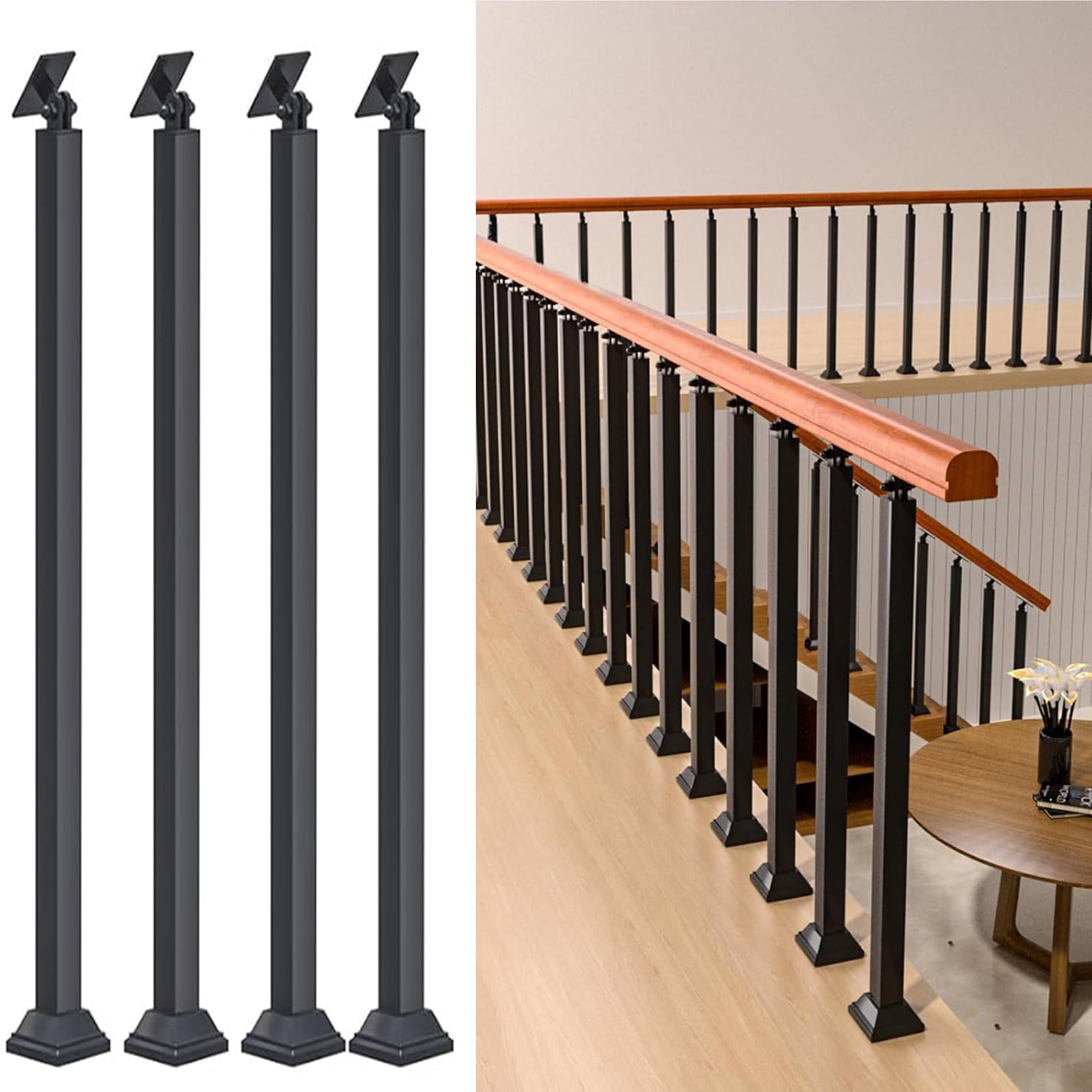 GOUZIBHD Square Metal Baluster Posts, Black Stair Baluster Posts, 270° Adjustable Railing Spindles, Indoor Hand Railing Kits, Banister Column for Attics Decks 4PCS(Size:85cm/33.5in)