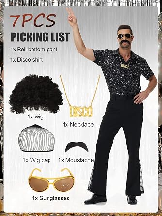 Men's 70s Outfit 70s Disco Retro Costume Shirt and Flared Trousers with Wig Sunglasses Moustache Necklace Wig Hair Net