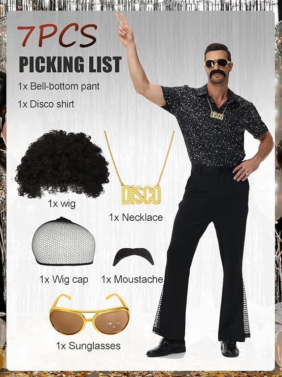Men's 70s Outfit 70s Disco Retro Costume Shirt and Flared Trousers with Wig Sunglasses Moustache Necklace Wig Hair Net